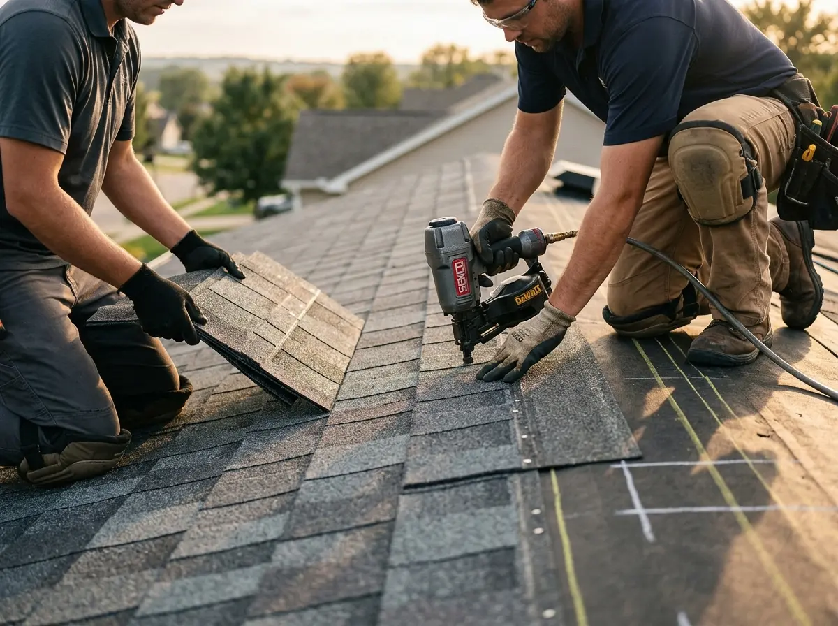 Professional roofer working on a residential roof in Upper Allen